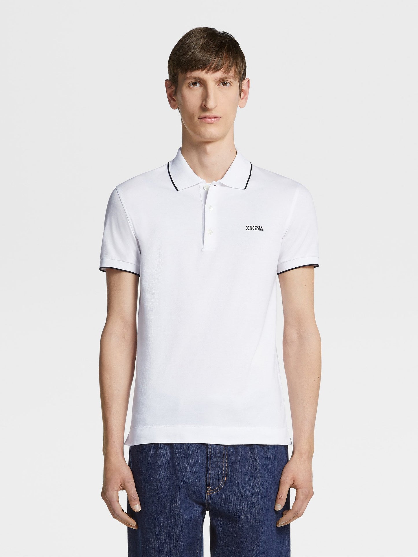 ZEGNA WHITE STRETCH COTTON SHORT-SLEEVE POLO
