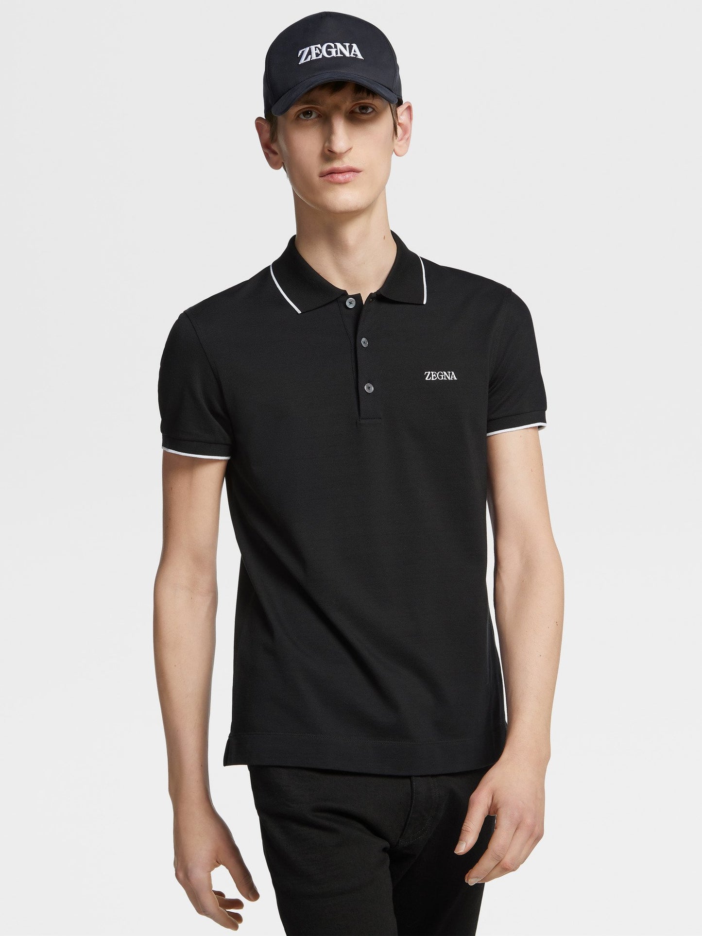 ZEGNA BLACK STRETCH COTTON SHORT-SLEEVE POLO