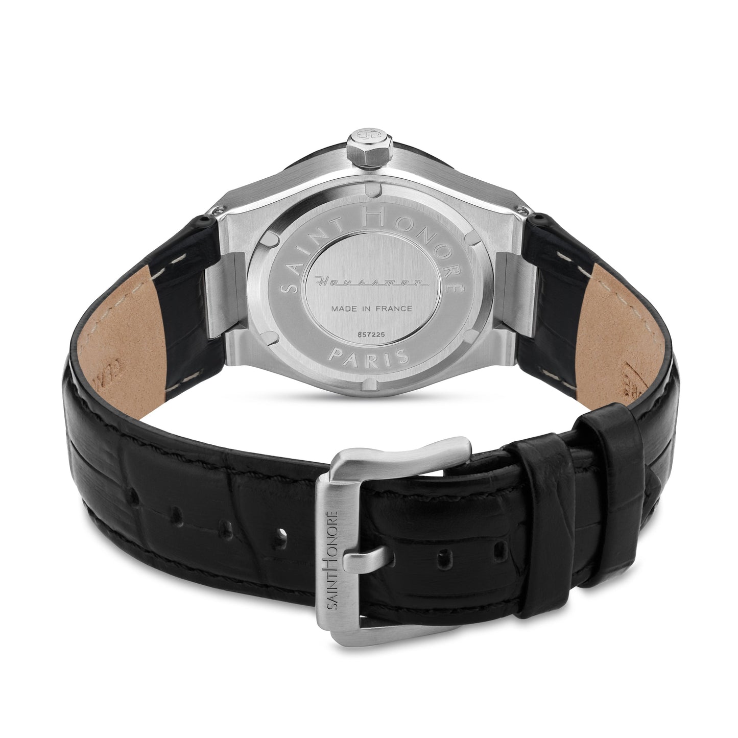 Saint Honore Haussman Gents Black Dial Stainless Steel Silver Case Black Leather Strap Watch