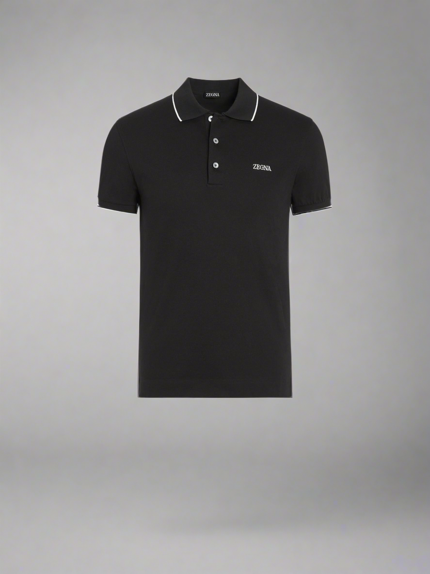 ZEGNA BLACK STRETCH COTTON SHORT-SLEEVE POLO