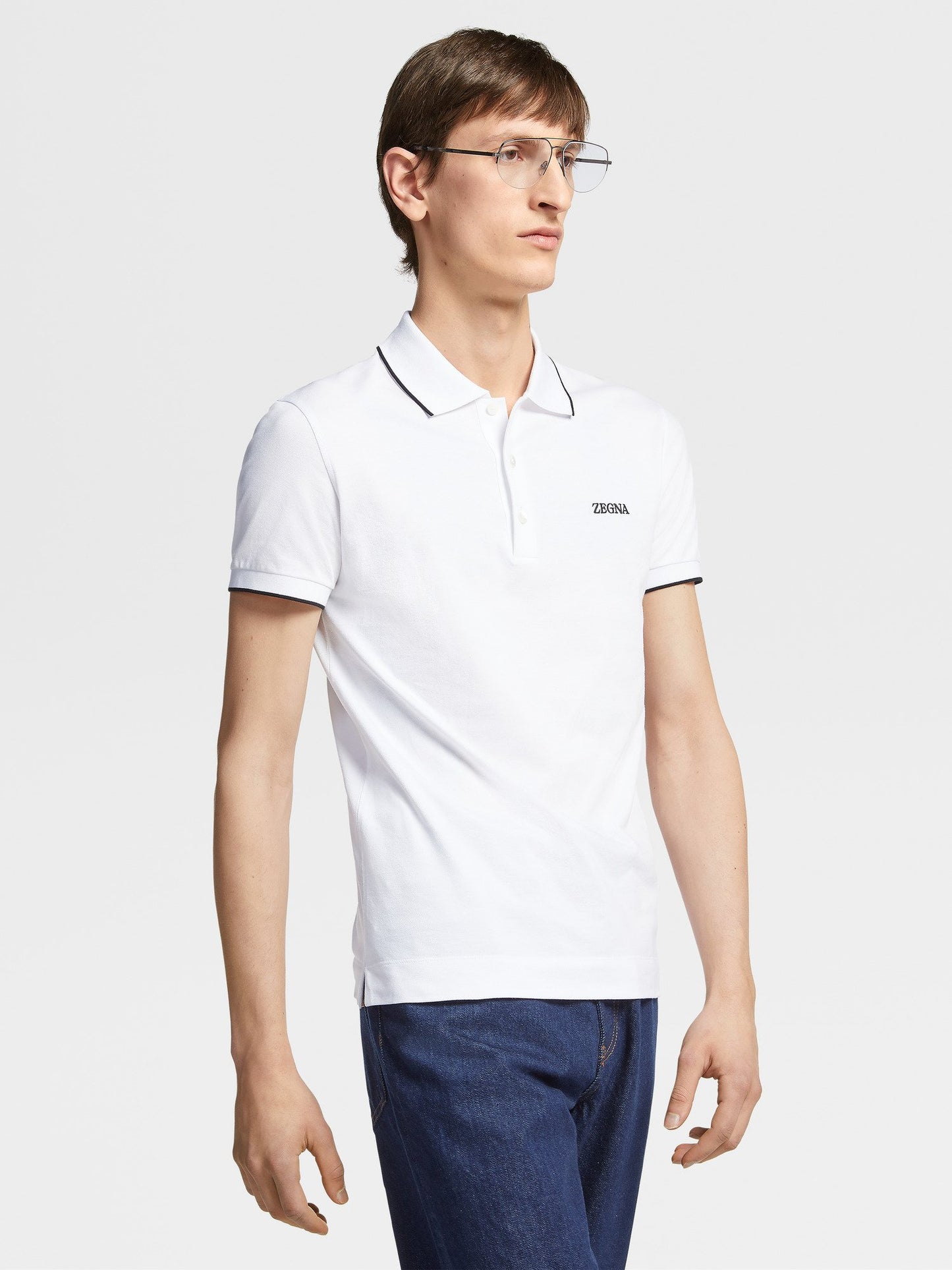 ZEGNA WHITE STRETCH COTTON SHORT-SLEEVE POLO