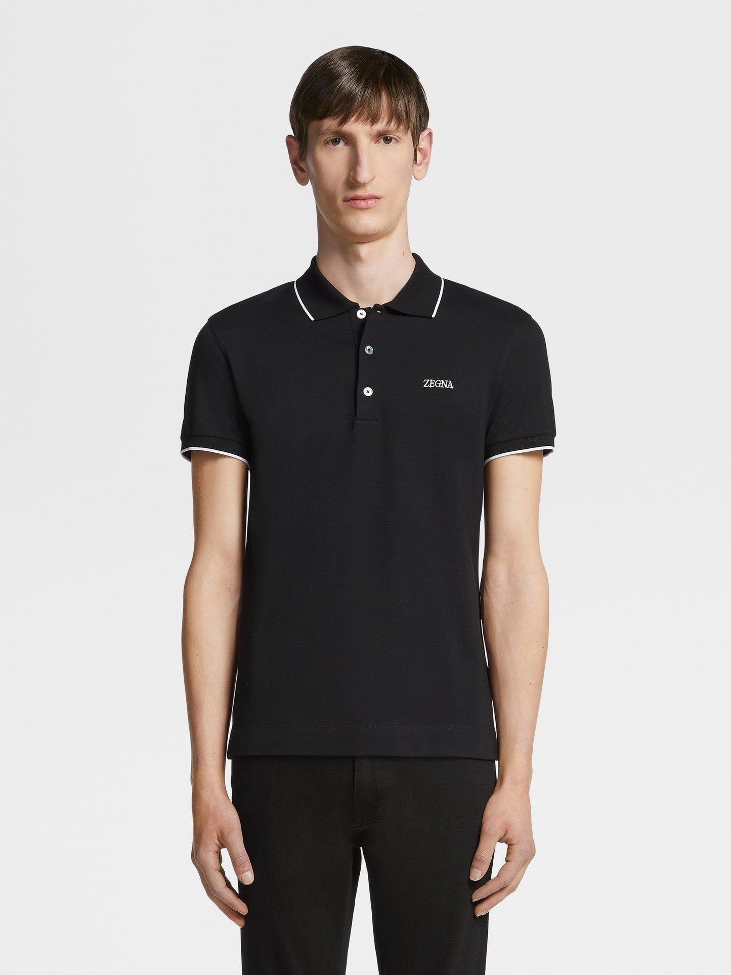 ZEGNA BLACK STRETCH COTTON SHORT-SLEEVE POLO