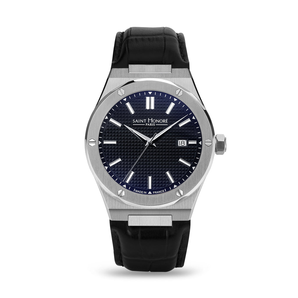 Saint Honore Haussman Gents Black Dial Stainless Steel Silver Case Black Leather Strap Watch