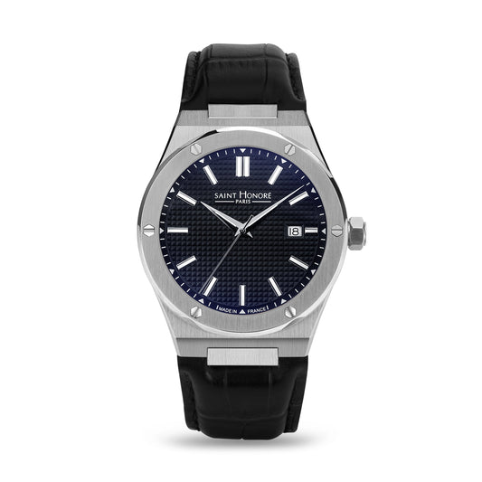 Saint Honore Haussman Gents Black Dial Stainless Steel Silver Case Black Leather Strap Watch