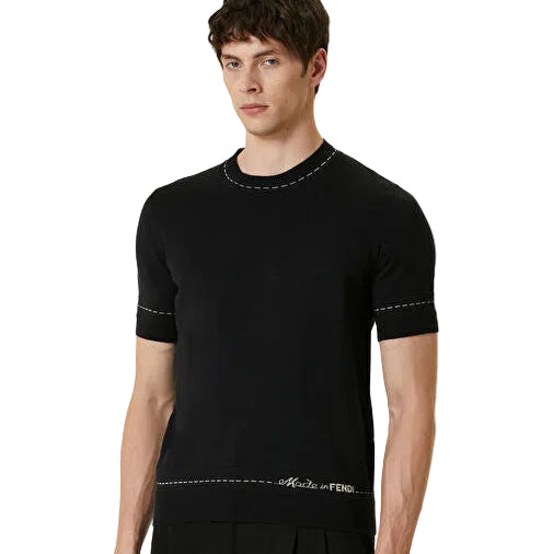 FENDI                                            Navy Blue Logo Jacquard Short Sleeve Knitwear