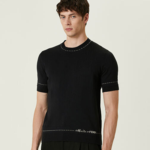 FENDI                                            Navy Blue Logo Jacquard Short Sleeve Knitwear