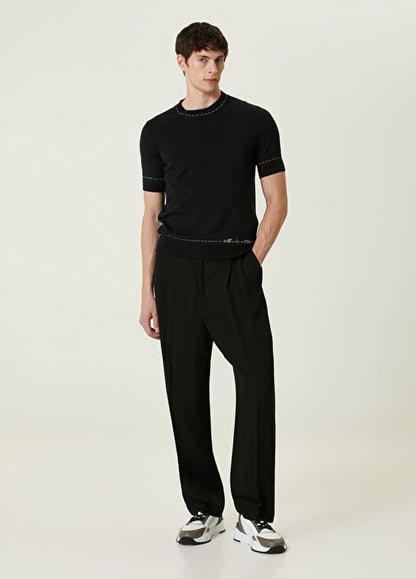 FENDI                                            Navy Blue Logo Jacquard Short Sleeve Knitwear