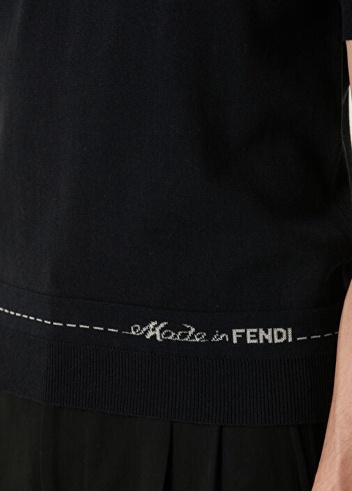 FENDI                                            Navy Blue Logo Jacquard Short Sleeve Knitwear