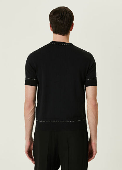 FENDI                                            Navy Blue Logo Jacquard Short Sleeve Knitwear