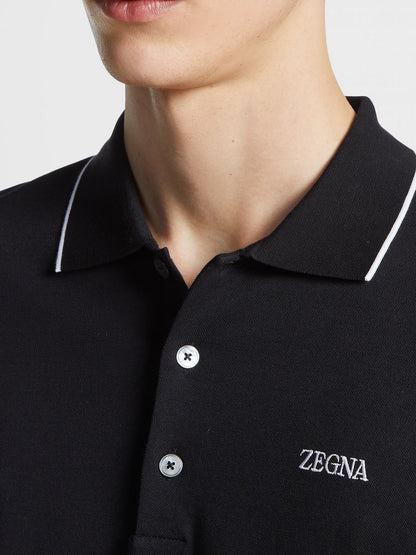 ZEGNA BLACK STRETCH COTTON SHORT-SLEEVE POLO