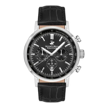 Beverly Hills Polo Club Casual Watch With Leather Strap For Men, Chronograph, 45 mm, Black - BP3303X351