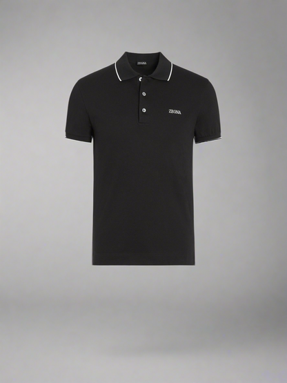 ZEGNA BLACK STRETCH COTTON SHORT-SLEEVE POLO