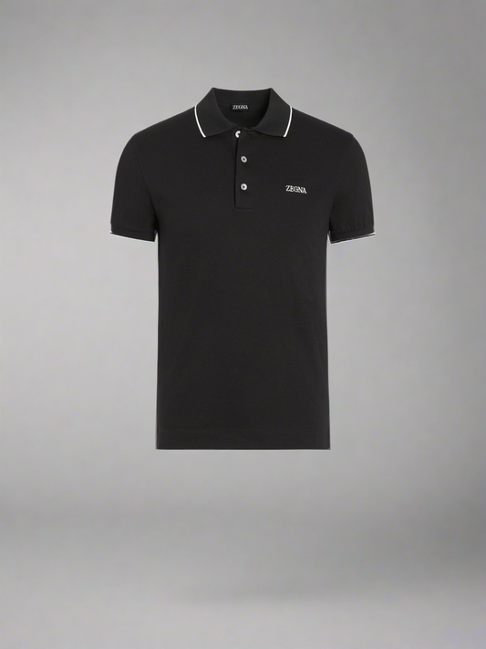 ZEGNA BLACK STRETCH COTTON SHORT-SLEEVE POLO