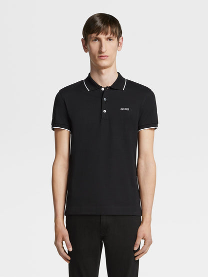 ZEGNA BLACK STRETCH COTTON SHORT-SLEEVE POLO