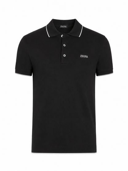 ZEGNA BLACK STRETCH COTTON SHORT-SLEEVE POLO