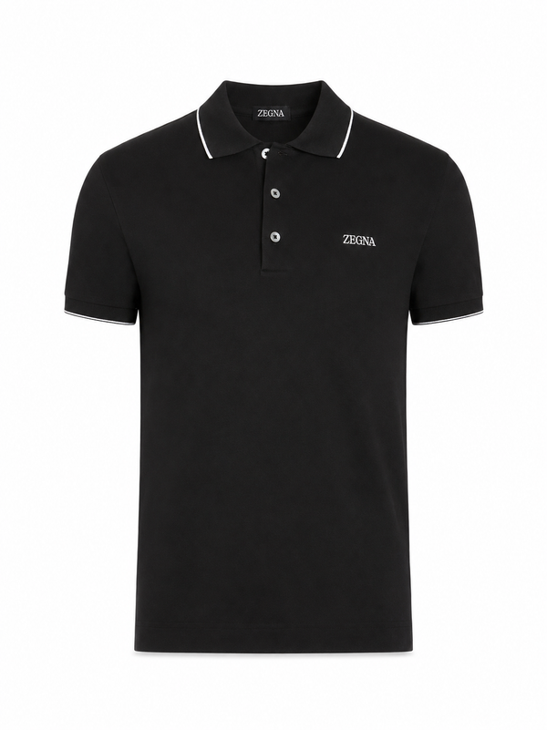 ZEGNA BLACK STRETCH COTTON SHORT-SLEEVE POLO