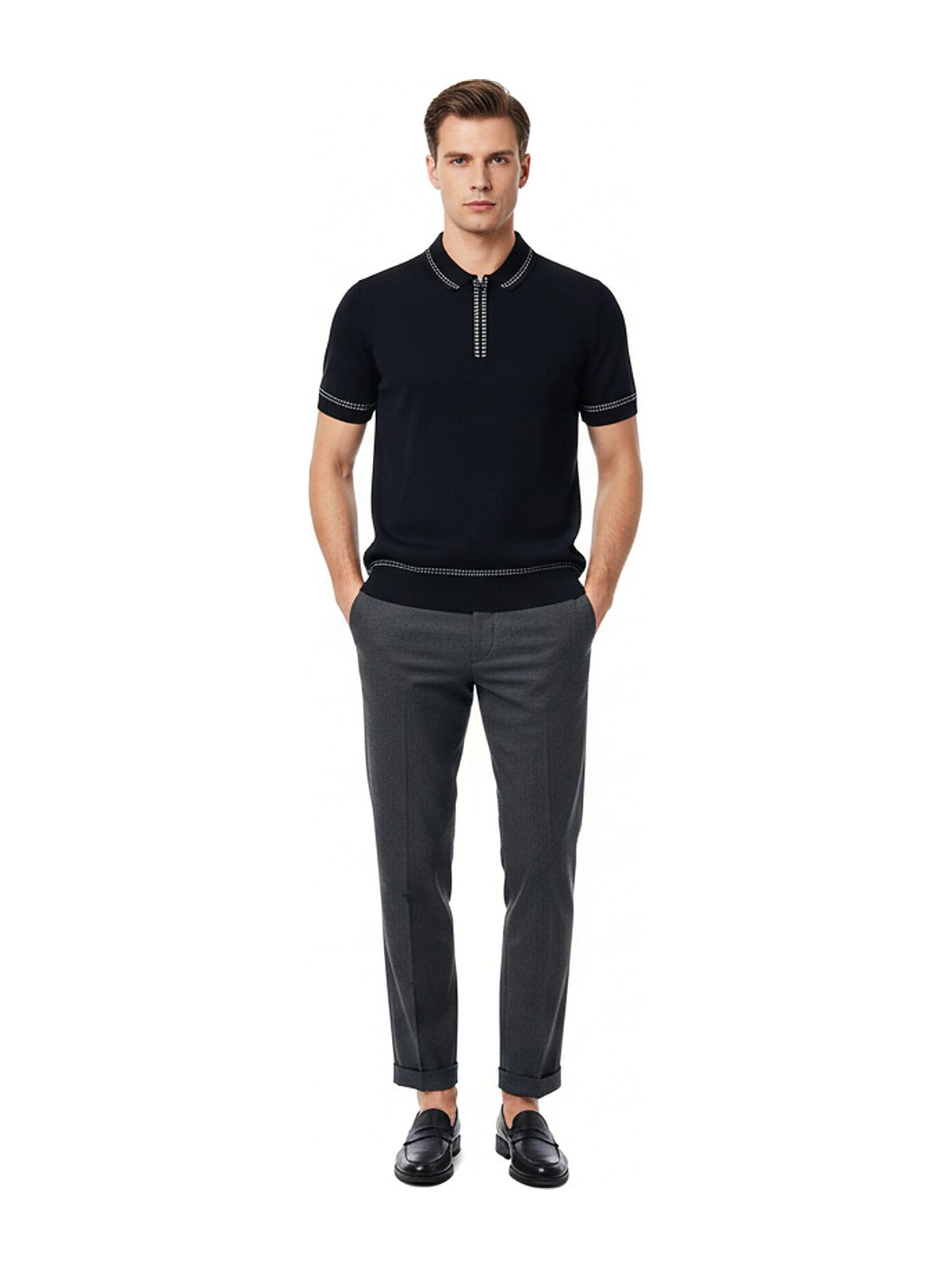 Kiton Zip Knit Polo Navy